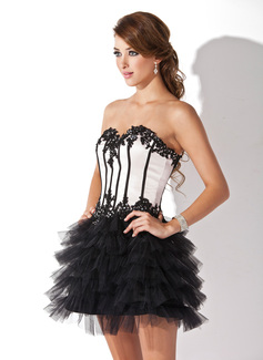 A-Line/Princess Sweetheart Short/Mini Satin Tulle Cocktail Dress With Lace Beading Sequins (016005846)
