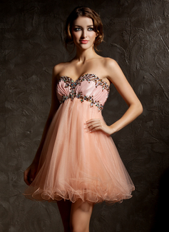 Empire Sweetheart Short/Mini Taffeta Tulle Homecoming Dress With Ruffle Beading (022008996)