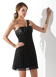 Empire One-Shoulder Short/Mini Chiffon Charmeuse Cocktail Dress With Ruffle Lace Beading (016021055)