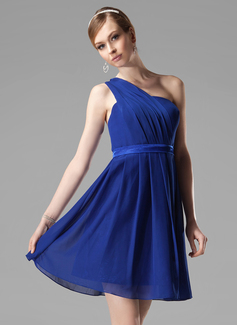 A-Line/Princess One-Shoulder Short/Mini Chiffon Charmeuse Bridesmaid Dress With Ruffle (007000777)