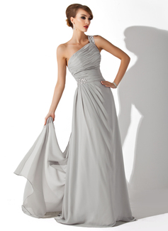A-Line/Princess One-Shoulder Watteau Train Chiffon Evening Dress With Ruffle Beading (017002625)