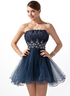 A-Line/Princess Scalloped Neck Short/Mini Taffeta Tulle Homecoming Dress With Ruffle Beading Sequins (022004340)
