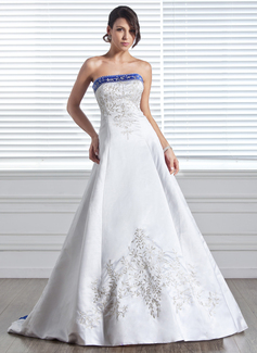 A-Line/Princess Strapless Court Train Satin Wedding Dress With Embroidery Sashes Beadwork (002005281)