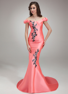 Mermaid Off-the-Shoulder Court Train Satin Prom Dress With Beading Appliques (018018817)