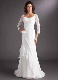 A-Line/Princess Square Neckline Sweep Train Chiffon Lace Holiday Dress With Ruffle Beading (020016837)