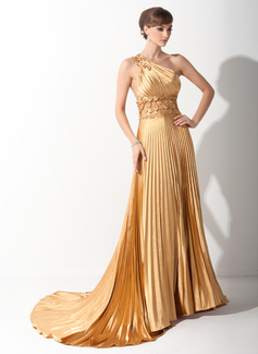 A-Line/Princess One-Shoulder Court Train Tulle Charmeuse Prom Dress With Ruffle Appliques (018015060)