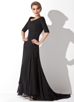 A-Line/Princess Off-the-Shoulder Sweep Train Chiffon Evening Dress With Ruffle (017020812)