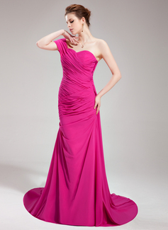 Mermaid One-Shoulder Court Train Chiffon Evening Dress With Ruffle (017019747)