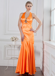 Mermaid Halter Floor-Length Charmeuse Prom Dress With Crystal Brooch (018005235)
