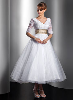 A-Line/Principessa Scollatura a V Alla caviglia raso Tulle Abito per matrimonio con Pizzo Fusciacche Perline (002014739)