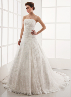 A-Line/Princess Strapless Chapel Train Satin Lace Wedding Dress With Beadwork (002011586)