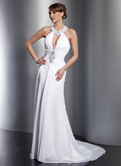 A-Line/Princess Halter Court Train Chiffon Wedding Dress With Ruffle Lace Beadwork Sequins (002012762)