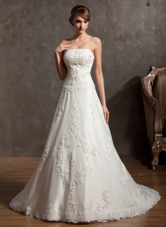 A-Line/Princess Strapless Court Train Satin Tulle Wedding Dress With Lace Beadwork (002014940)