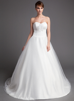 Ball-Gown Sweetheart Chapel Train Satin Tulle Wedding Dress With Ruffle Flower(s) (002001176)