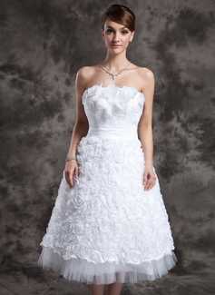 A-Line/Princess Strapless Tea-Length Taffeta Tulle Wedding Dress With Lace Flower(s) (002024069)