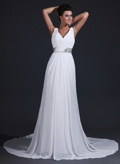 A-Line/Princess V-neck Court Train Chiffon Bridesmaid Dress With Ruffle Beading (007017344)