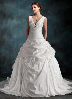 A-Line/Princess V-neck Chapel Train Taffeta Wedding Dress With Ruffle Beadwork Flower(s) (002001265)