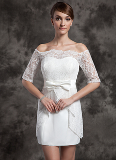 Sheath/Column Off-the-Shoulder Short/Mini Satin Wedding Dress With Lace (002015014)