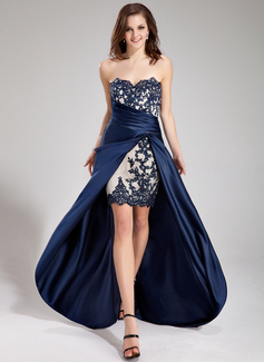 A-Line/Princess Sweetheart Asymmetrical Satin Lace Prom Dress With Ruffle Lace Beading (018019168)