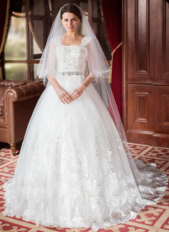 Ball-Gown Square Neckline Chapel Train Satin Tulle Wedding Dress With Lace Beadwork Sequins (002011790)