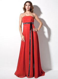 Empire Strapless Court Train Chiffon Charmeuse Evening Dress With Sash (017017380)