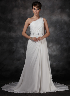 A-Line/Princess One-Shoulder Chapel Train Chiffon Evening Dress With Ruffle Beading (017017159)