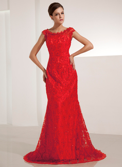 Mermaid Scoop Neck Sweep Train Lace Evening Dress With Beading Sequins (017014206)