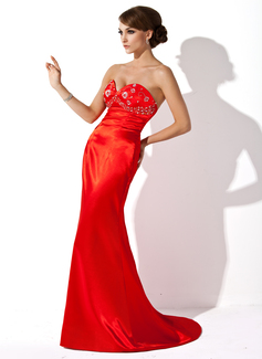 Sheath Sweetheart Sweep Train Charmeuse Evening Dress With Beading (017002271)