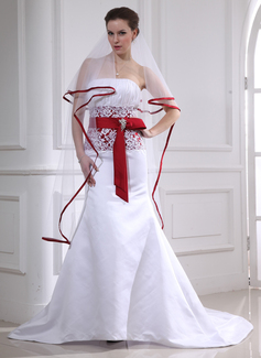 Mermaid Strapless Court Train Satin Wedding Dress With Lace Sashes Crystal Brooch (002012654)