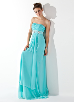 Empire Strapless Sweep Train Chiffon Evening Dress With Ruffle Beading (017013773)