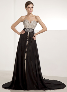 A-Line/Princess Sweetheart Chapel Train Chiffon Tulle Evening Dress With Lace Beading Sequins (017014235)