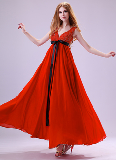 Empire V-neck Ankle-Length Chiffon Charmeuse Prom Dress With Ruffle Sash Beading Sequins (018021124)