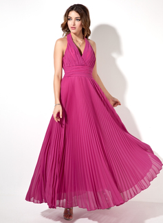 A-Line/Princess Halter Ankle-Length Chiffon Evening Dress With Ruffle (017022526)