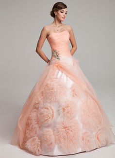 Ball-Gown Strapless Floor-Length Organza Quinceanera Dress With Ruffle Beading Flower(s) (021017549)
