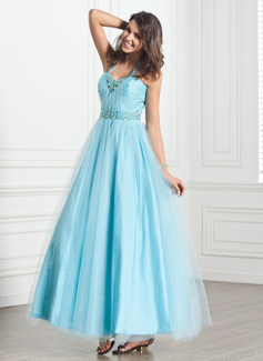 A-Line/Princess Halter Ankle-Length Tulle Prom Dress With Ruffle Beading (018005270)