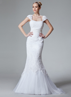 Mermaid Sweetheart Sweep Train Satin Tulle Wedding Dress With Lace Beadwork (002000438)