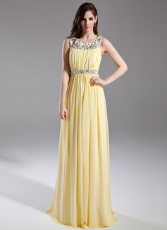 A-Line/Princess Scoop Neck Floor-Length Chiffon Prom Dress With Ruffle Beading (018015631)