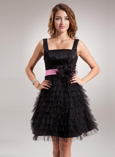 A-Line/Princess Square Neckline Short/Mini Tulle Charmeuse Homecoming Dress With Lace Sash Flower(s) (022016390)