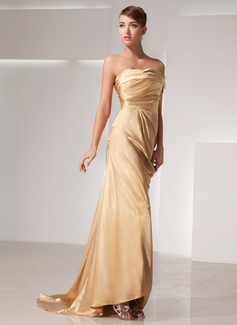 Sheath One-Shoulder Court Train Charmeuse Evening Dress With Ruffle (017014438)