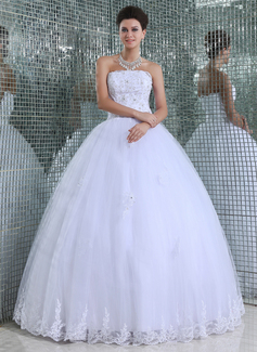 Ball-Gown Strapless Floor-Length Tulle Wedding Dress With Lace Beadwork (002017407)