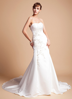 Mermaid Sweetheart Chapel Train Satin Wedding Dress With Embroidery Ruffle Beadwork Sequins (002012173)