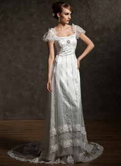 Sheath/Column Square Neckline Court Train Tulle Charmeuse Wedding Dress With Lace Beadwork Crystal Brooch (002012089)