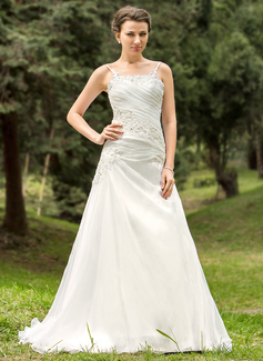 A-Line/Princess Scoop Neck Court Train Organza Wedding Dress With Ruffle Lace Beadwork (002012687)