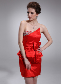 Sheath Scalloped Neck Short/Mini Charmeuse Cocktail Dress With Ruffle Beading (016008746)
