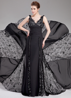 A-Line/Princess V-neck Court Train Chiffon Lace Evening Dress With Ruffle Beading Flower(s) (017019765)