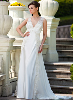 A-Line/Princess V-neck Court Train Chiffon Charmeuse Wedding Dress With Ruffle Lace Beadwork (008024572)