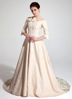 A-Line/Princess Off-the-Shoulder Court Train Charmeuse Lace Wedding Dress With Ruffle Beadwork Flower(s) (002018951)