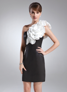 Sheath One-Shoulder Short/Mini Charmeuse Cocktail Dress With Sash Flower(s) (016008553)
