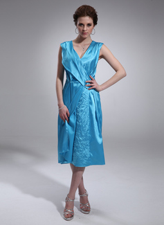 A-Line/Princess V-neck Tea-Length Charmeuse Cocktail Dress With Ruffle Beading (016021180)