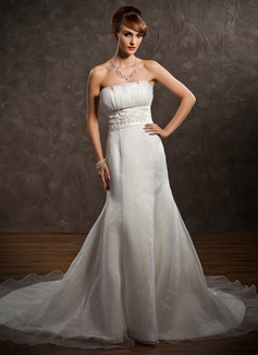 Empire Scalloped Neck Chapel Train Organza Satin Wedding Dress With Ruffle Lace Beadwork (002001323)